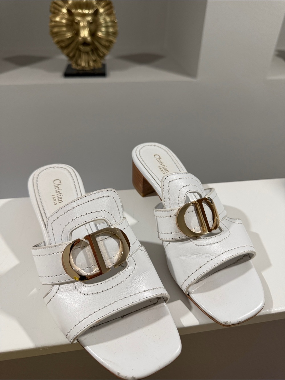 Dior White Leather Slide Mules with Gold CD Hardware